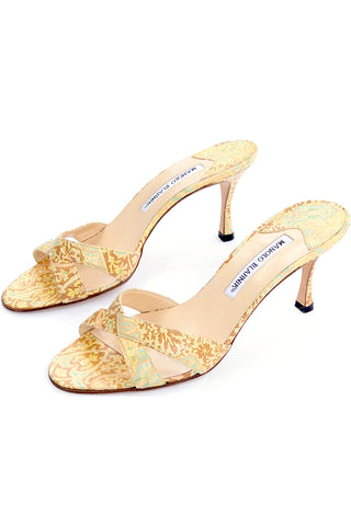 As New Manolo Blahnik Size 38.5 Gold Turquoise Bronze Floral Heel Sandals