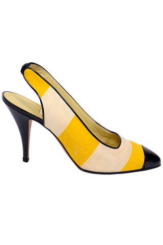 Yellow Cream Striped Manolo Blahnik Slingback Heels w Black Patent Leather Trim