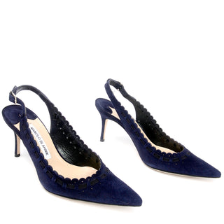 Manolo Blahnik Vintage blue suede slingback shoes scalloped edge heels 6.5