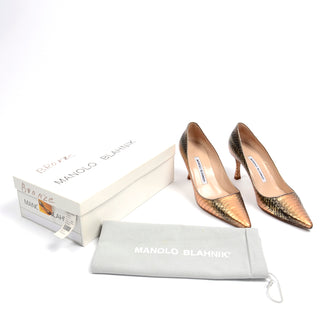 Manolo Blahnik Shoes Rose Bronze Copper Metallic Snakeskin Pumps w box