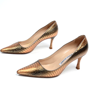 Manolo Blahnik Shoes Rose Bronze Copper Metallic Snakeskin Pumps size 36