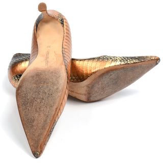 Manolo Blahnik Shoes Rose Bronze Copper Metallic Snakeskin Pumps pointed toe heels with box