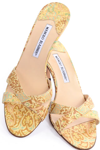 Manolo Blahnik Size 38.5 Gold Turquoise Bronze Floral Heel Sandals Shoes