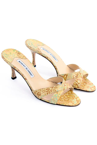 Manolo Blahnik Size 38.5 Gold Turquoise Bronze Floral Shoes Heel Sandals