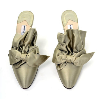 Vintage Green Satin Ruffle Mules with Bow and Small Heel - size 39 or US 8.5