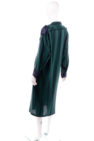 Marika Blu Vintage Blue and Green Stripe Silk Dress Epaulettes