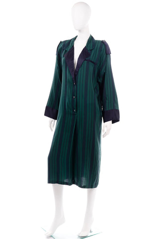Marika Blu Vintage Blue and Green Stripe Silk Dress robe style
