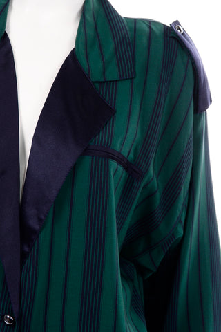 Marika Blu Vintage Blue and Green Stripe Silk Dress lapels