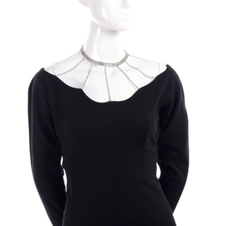Black wool vintage 1960's cocktail dress with rhinestone cage and choker