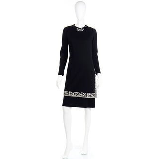 1960s Vintage Marion McCoy Beaded Rhinestone Black Tunic Dress with embroidery