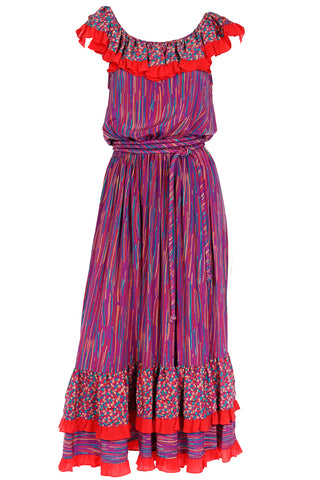 Vintage 1980s Mary McFadden Colorful Mixed Pattern Silk Ruffle Dress