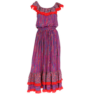 1980s Mary McFadden Colorful Mixed Pattern Silk Ruffle Dress with fabric belt and ruffles