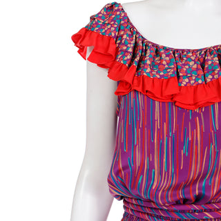 1980s Mary McFadden Colorful Mixed Pattern Silk Ruffle Dress with ruffled collar 