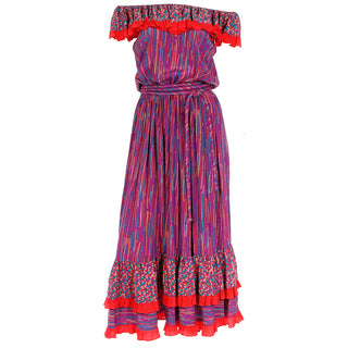 1980s Mary McFadden Colorful Mixed Pattern Silk Ruffle Dress on or off shoulder style