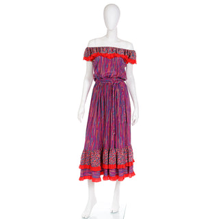 1980s Mary McFadden Colorful Mixed Pattern Silk Ruffle Dress with Belt