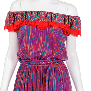 Bold 1980s Mary McFadden Colorful Mixed Pattern Silk Ruffle Dress