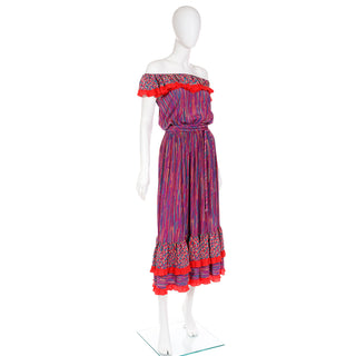 Ruffled 1980s Mary McFadden Colorful Mixed Pattern Silk Ruffle Dress