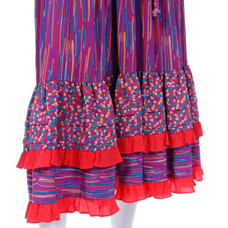 1980s Mary McFadden Colorful Mixed Pattern Silk Ruffle Dress in bold colors