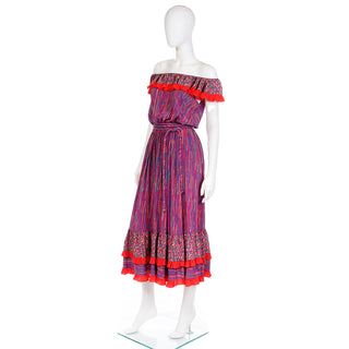Off Shoulder 1980s Mary McFadden Colorful Mixed Pattern Silk Ruffle Dress