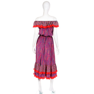 1980s Mary McFadden Colorful Mixed Pattern Silk Ruffle Dress with ruffles