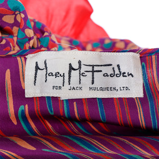 Bold Fibrant 1980s Mary McFadden Colorful Mixed Pattern Silk Ruffle Dress