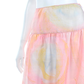 1970s rare Vintage Mary McFadden Pink Blue Yellow Pastel Watercolor Maxi Bubble Skirt