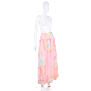 70s Vintage Mary McFadden Pink Blue Yellow Pastel Watercolor Maxi Bubble Skirt