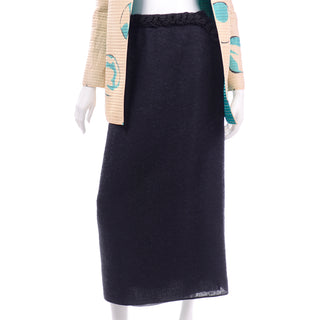 Mary McFadden Vintage Hand Painted Quilted Jacket & black wool knit Skirt Outfit