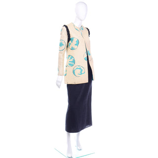 Mary McFadden Vintage Hand Painted silk Quilted Jacket & Skirt Outfit