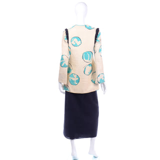 Mary McFadden Vintage Hand Painted Quilted  Silk Jacket & black wool Skirt Outfit