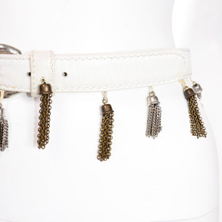 Vintage Maud Frizon White Leather Belt with Gold and Silver Tassels chains