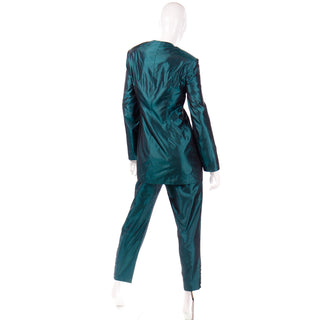 1980s Maurizio Galante Vintage Green Silk Longline Jacket & Trouser Suit