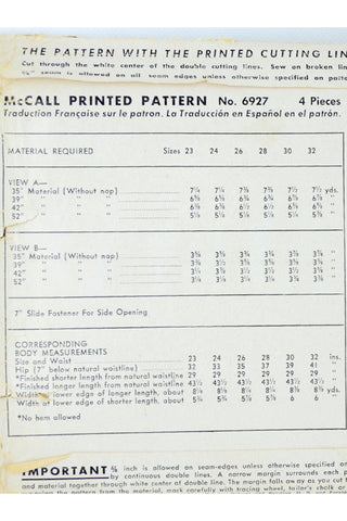 1947 McCall 6927 Vintage Skirt Pattern