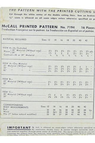 1948 Vintage McCall 7194 pleated Blouse Sewing Pattern