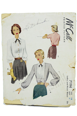 1940s 1948 Vintage McCall 7194 Yoke Blouse Sewing Pattern