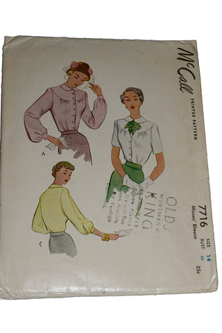 1949 McCall 7716 Vintage Sewing Pattern for 1940s Blouses
