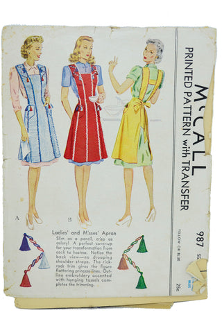 1942 Vintage McCall 987 Full Bib Apron Sewing Pattern Tassel trim
