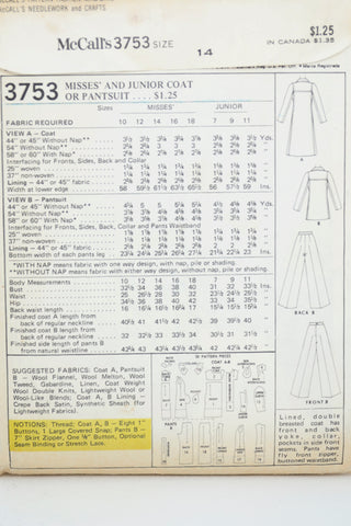 Vintage McCall's 3753 Coat pants pattern