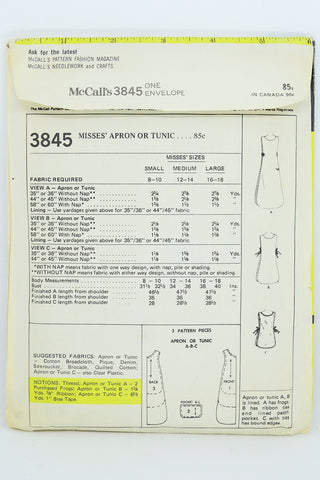 McCalls 3845 Vintage 1973 Apron Smock Tunic Tops Sewing Pattern