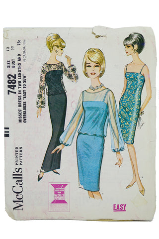 1960s McCalls 7482 Vintage Cocktail Dress & Over blouse Sewing Pattern