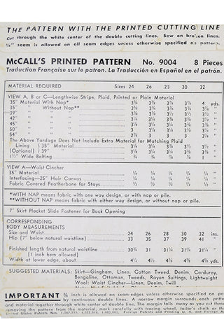 1952 McCalls 9004 Vintage Full Skirt Sewing Pattern With Wide Belt 50s