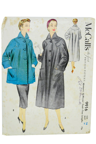 1954 McCalls 9916 Vintage 1950s Coat Sewing Pattern