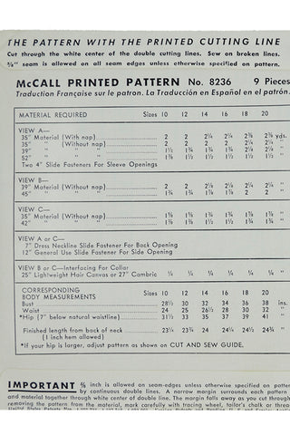 McCall 8236 Vintage 1950 Blouses tops Sewing Pattern