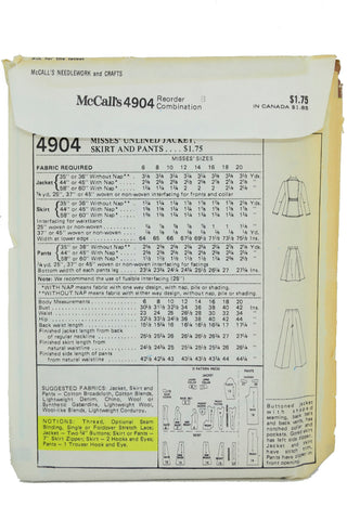 McCalls 4904 Pantsuit vest & Skirt Suit Pattern 1970s