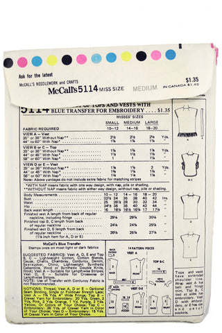 Uncut McCalls 5114 Vintage 1976 Tops & Vests 70s Sewing Pattern