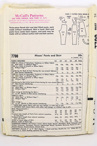 1965 Vintage McCalls 7700 Pants and Skirt Sewing Pattern 60s