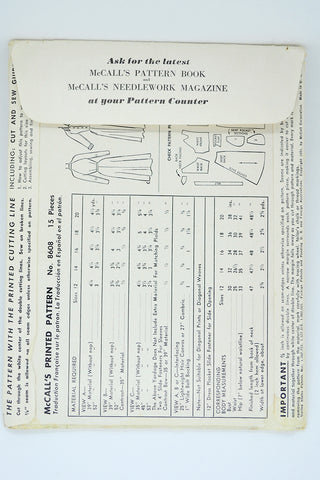 McCalls 8608 Vintage 1951 Raglan Sleeve Dress Sewing Pattern