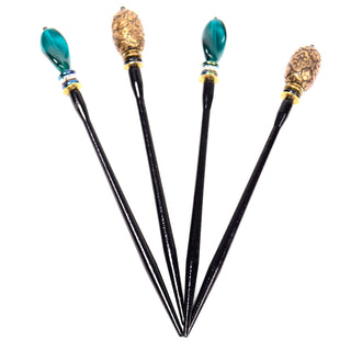4 Vintage Mei Fa Hair Sticks Gold Baroque & Green Murano Glass crystals