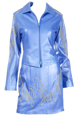 1990s Michael Hoban North Beach Leather Blue Dress & Jacket w Flame Stud Detail