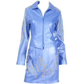 1990s Michael Hoban North Beach Leather Blue Dress & Jacket w Flame Stud Detail 2 piece 